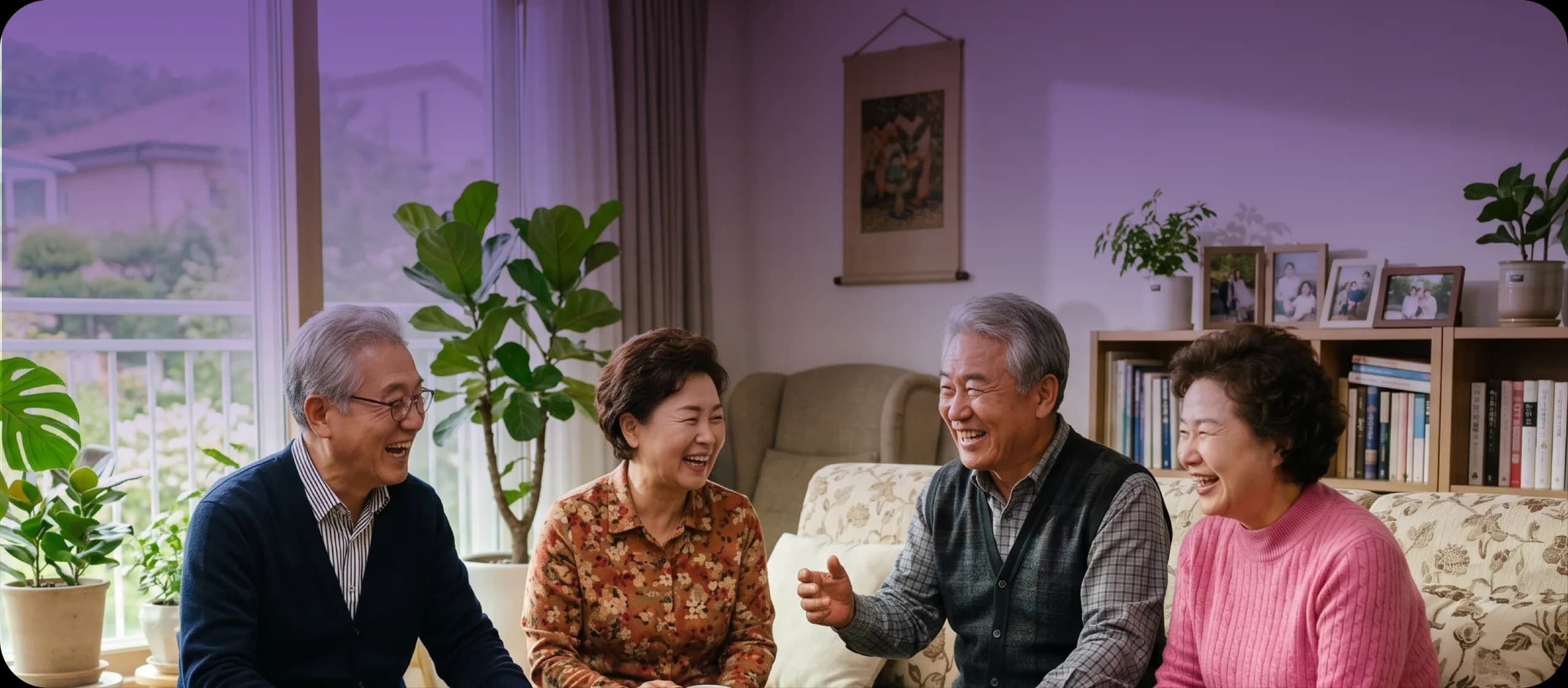 거실에서 함께 웃고 계신 어르신들